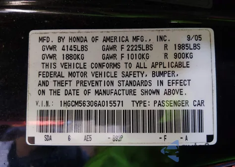 2006 Honda Accord 2.4 Se из США, поврежденный, VIN 1HGCM56306A015571